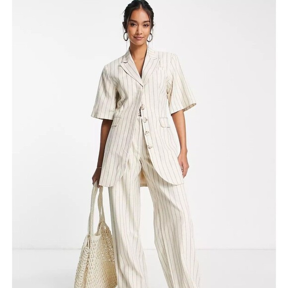 Topshop Size 12 co-ord longline stripe linen cotton blend blazer in beige luxury